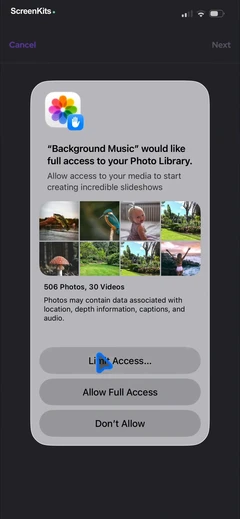 Add Background Music To Video permissions UI screen 10