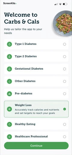 Carbs & Cals- Diet & Diabetes onboarding UI screen 3