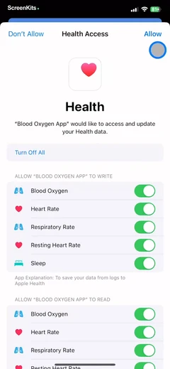Blood Oxygen App permissions UI screen 7