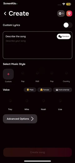 MIA- AI Song Generator mobile app UI screen 3