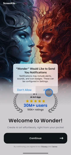 Wonder - AI Art Generator onboarding and permissions UI screen 5