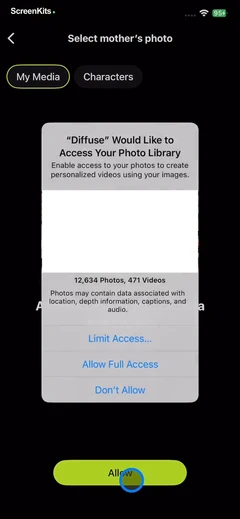 Diffuse - AI Video Generator permissions UI screen 7