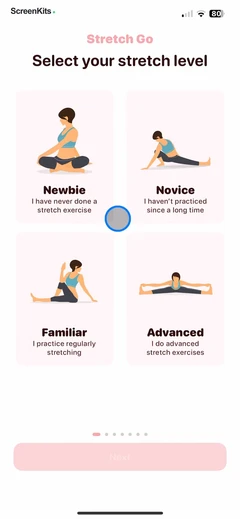 Stretch Go- Stretching Splits mobile app UI screen 4
