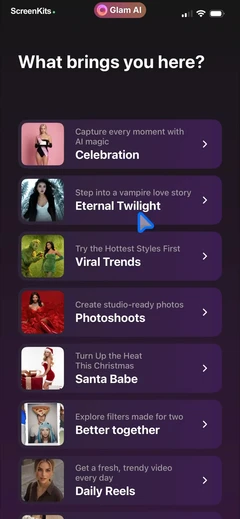 Glam AI- Video & Photo Editor mobile app UI screen 4