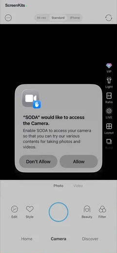SODA - Natural Beauty Camera permissions UI screen 5