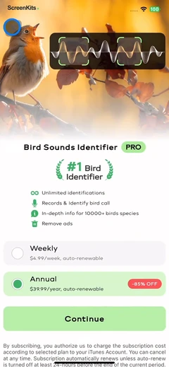 Bird Sounds Identifier Call ID paywalls UI screen 12