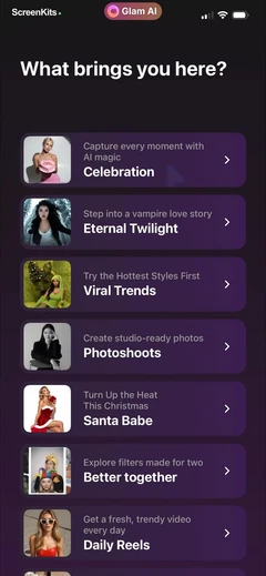 Glam AI- Video & Photo Editor mobile app UI screen 3