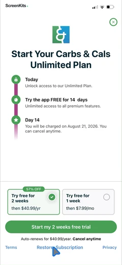 Carbs & Cals- Diet & Diabetes paywalls UI screen 6