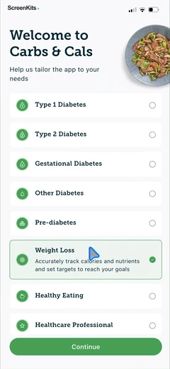Carbs & Cals- Diet & Diabetes onboarding UI screen 4