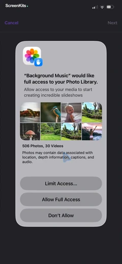 Add Background Music To Video permissions UI screen 9