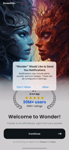 Wonder - AI Art Generator onboarding and permissions UI screen 4