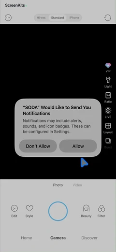 SODA - Natural Beauty Camera permissions UI screen 6
