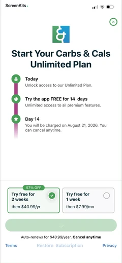 Carbs & Cals- Diet & Diabetes paywalls UI screen 10