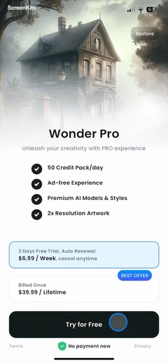 Wonder - AI Art Generator paywalls UI screen 10
