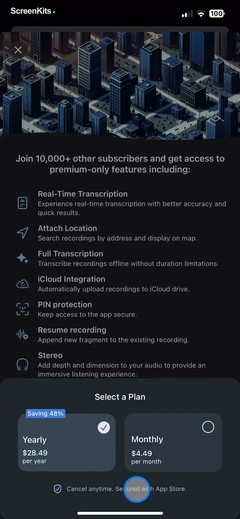 Voice Recorder & Transcribe mobile app UI screen 3