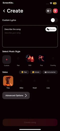 MIA- AI Song Generator mobile app UI screen 4