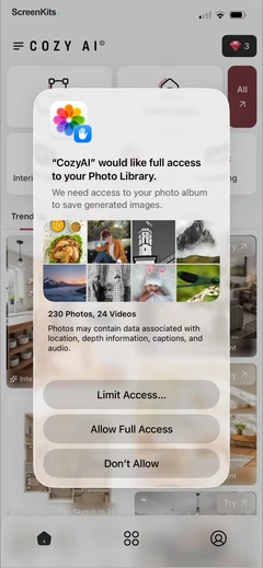 CozyAI - AI Home Design permissions UI screen 12
