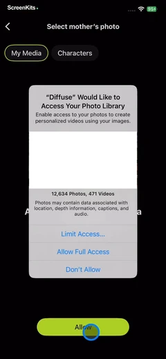 Diffuse - AI Video Generator permissions UI screen 8