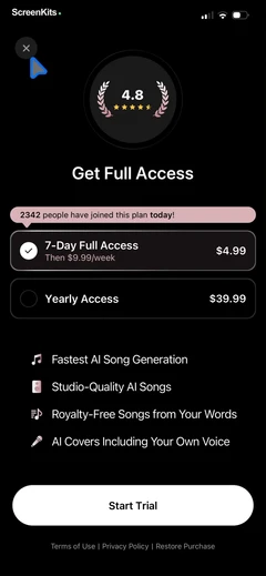 MyTunes - AI Music Generator paywalls UI screen 9
