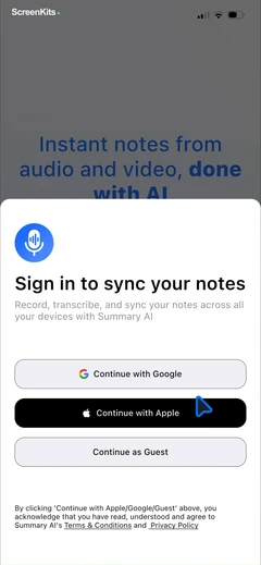 Summary - AI Note Taker mobile app UI screen 4